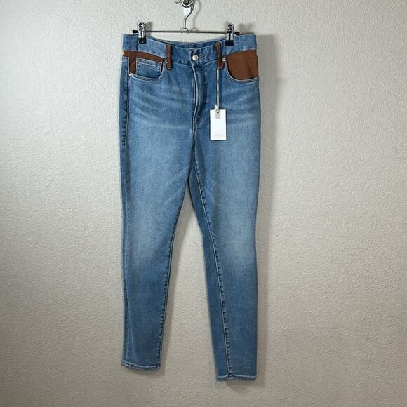 Good American Good Legs Suede Mixing Skinny Jeans Denim Light Wash Mixed - Picture 9 of 9